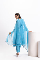 BLUE MUSLIN PLEATED KURTA SET