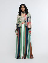 RAJRANGI EMBELLISHED CAPE JACKET PAIRED WITH EMBELLISHED BUSTIER AND PLEATED PANTS