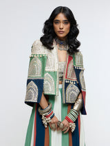 RAJRANGI EMBELLISHED CAPE JACKET PAIRED WITH EMBELLISHED BUSTIER AND PLEATED PANTS