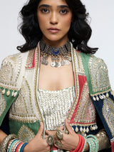 RAJRANGI EMBELLISHED CAPE JACKET PAIRED WITH EMBELLISHED BUSTIER AND PLEATED PANTS