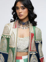RAJRANGI EMBELLISHED CAPE JACKET PAIRED WITH EMBELLISHED BUSTIER AND PLEATED PANTS