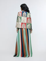 RAJRANGI EMBELLISHED CAPE JACKET PAIRED WITH EMBELLISHED BUSTIER AND PLEATED PANTS