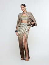 NAZNEEN CAPE JACKET PAIRED WITH METALLIC BUSTIER & SLIT SKIRT