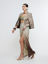 NAZNEEN CAPE JACKET PAIRED WITH METALLIC BUSTIER & SLIT SKIRT