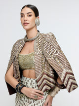 NAZNEEN CAPE JACKET PAIRED WITH METALLIC BUSTIER & SLIT SKIRT