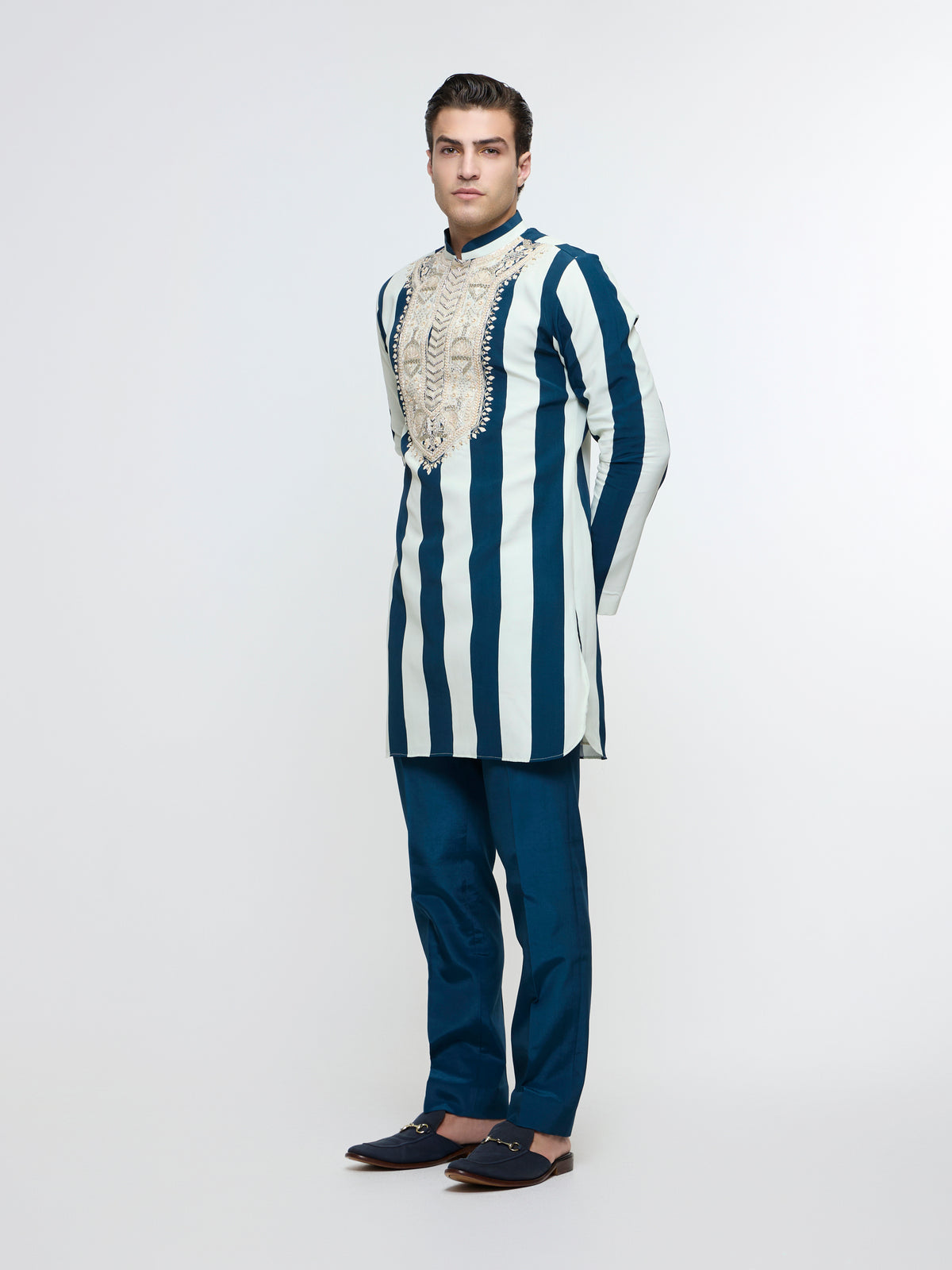 NAYAB STRIPE KURTA WITH EMBROIDERED YOKE PAIRED WITH PANTS