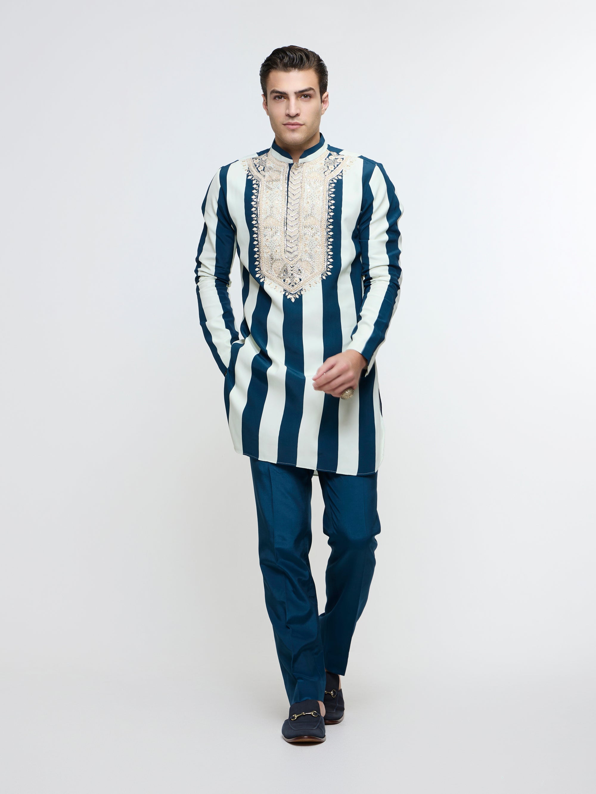 NAYAB STRIPE KURTA WITH EMBROIDERED YOKE PAIRED WITH PANTS