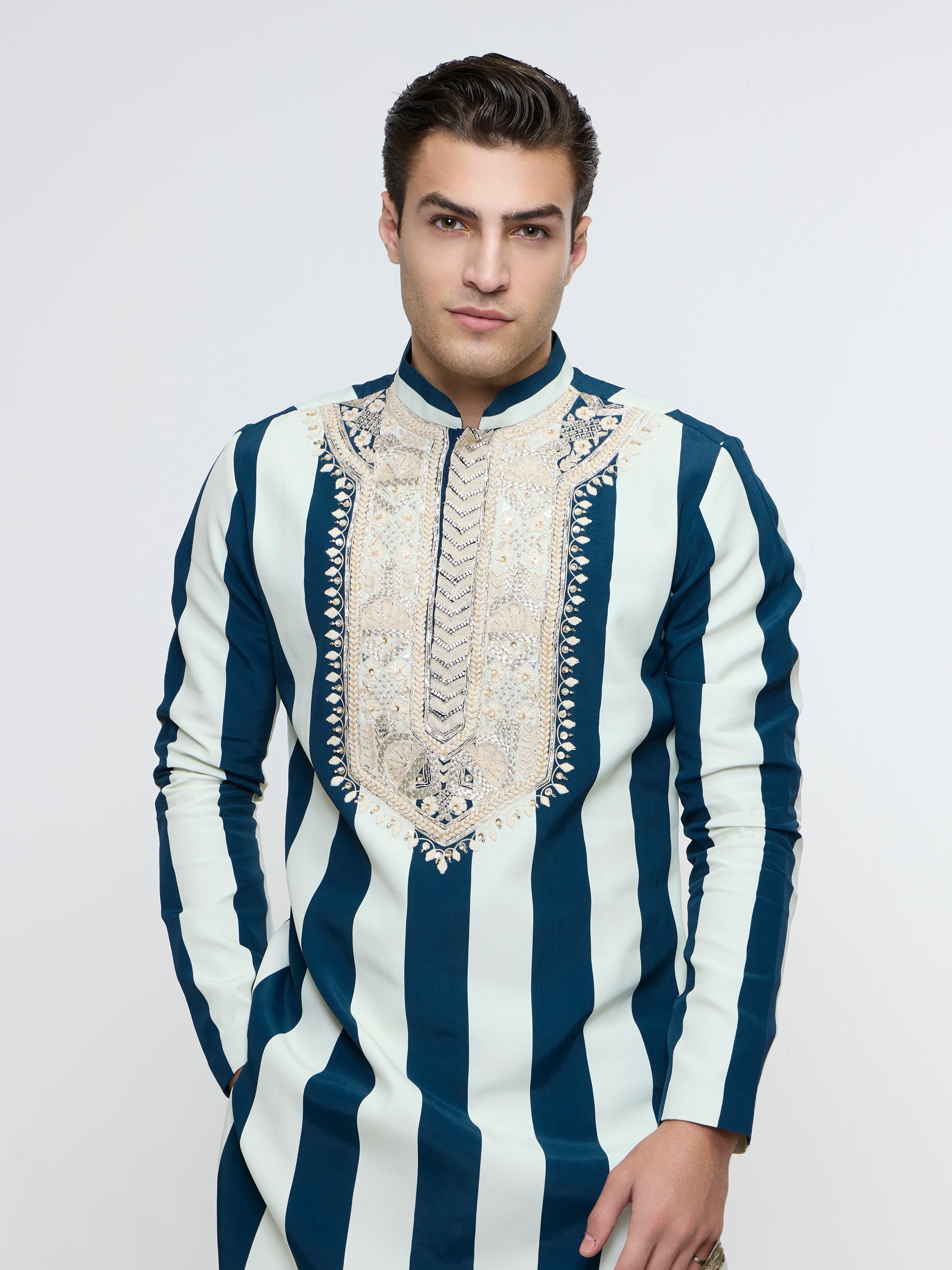 NAYAB STRIPE KURTA WITH EMBROIDERED YOKE PAIRED WITH PANTS