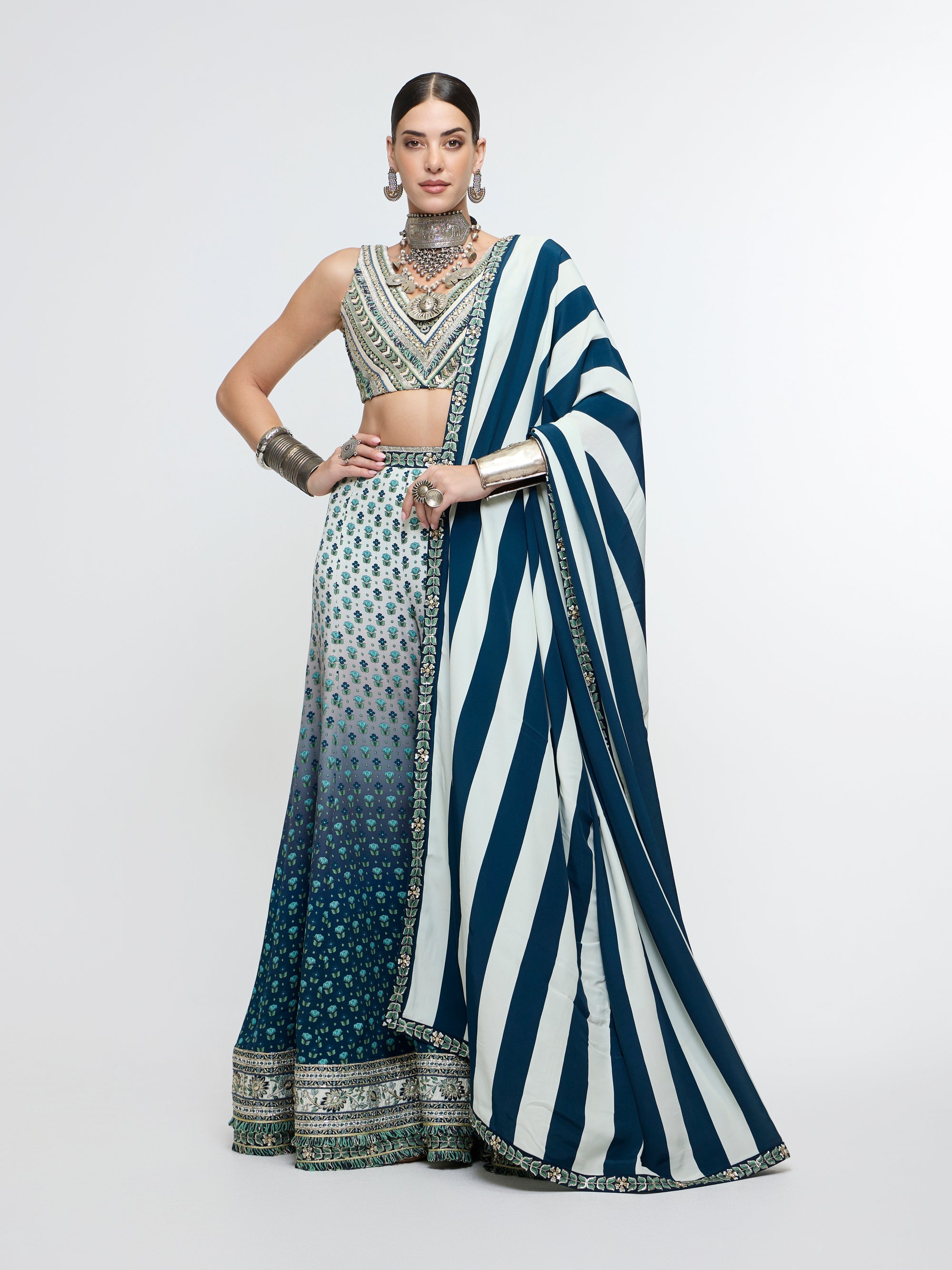 NAYAB: V NECK BLOUSE PAIRED WITH SHARARA PANTS AND DUPATTA