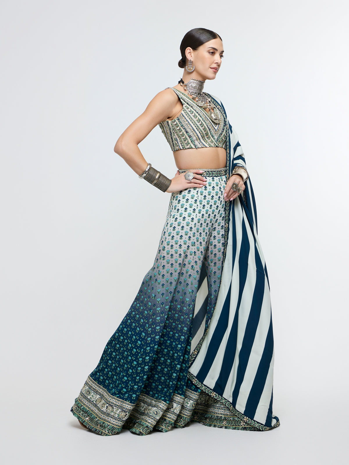 NAYAB: V NECK BLOUSE PAIRED WITH SHARARA PANTS AND DUPATTA