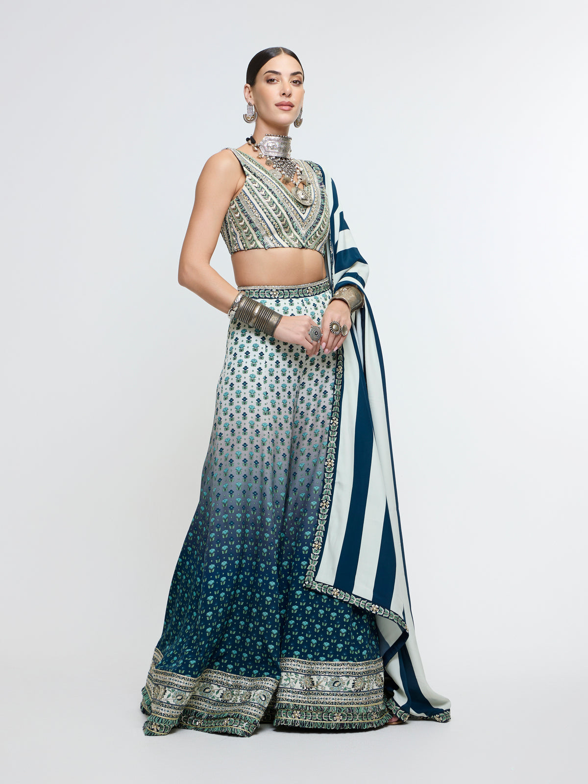NAYAB: V NECK BLOUSE PAIRED WITH SHARARA PANTS AND DUPATTA