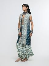 NYSA LONG JACKET PAIRED WITH METALLIC BUSTIER & DRAPE SKIRT