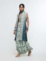 NYSA LONG JACKET PAIRED WITH METALLIC BUSTIER & DRAPE SKIRT