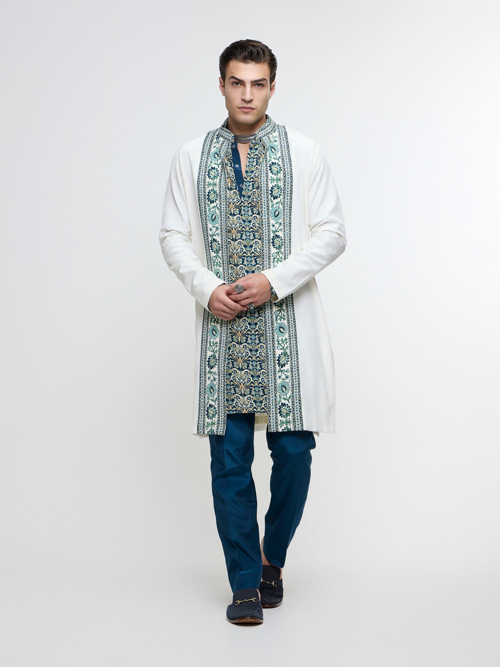 MIRZA OPEN JACKET PAIRED WITH ROLLED UP KURTA & PANTS