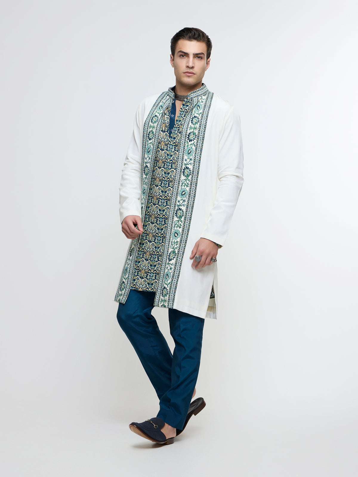 MIRZA OPEN JACKET PAIRED WITH ROLLED UP KURTA & PANTS