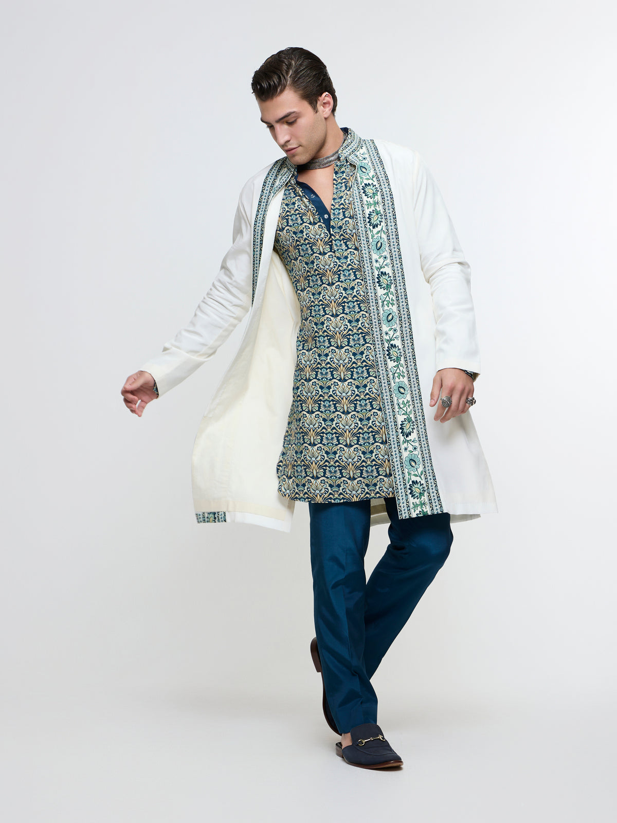 MIRZA OPEN JACKET PAIRED WITH ROLLED UP KURTA & PANTS