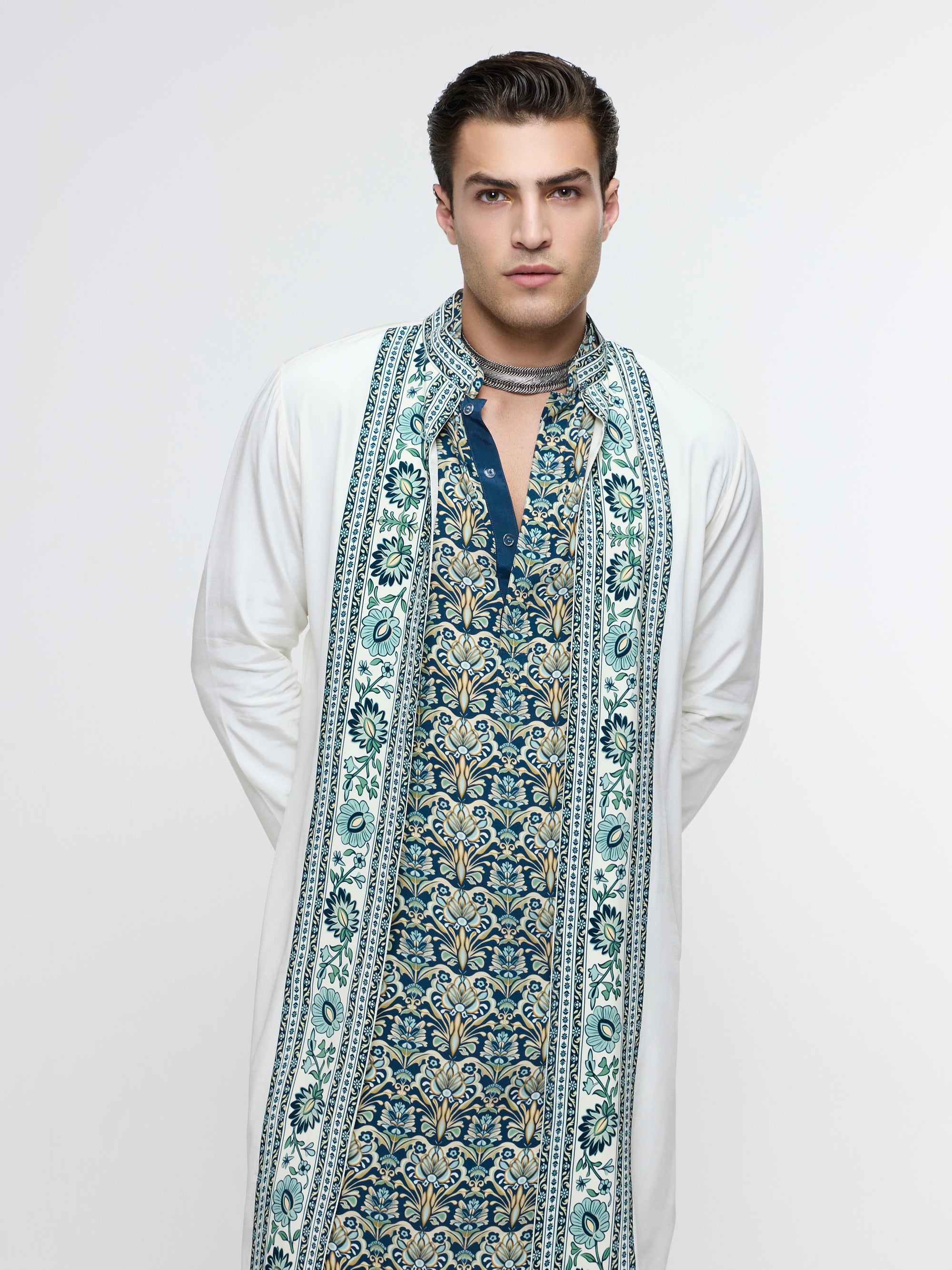 MIRZA OPEN JACKET PAIRED WITH ROLLED UP KURTA & PANTS
