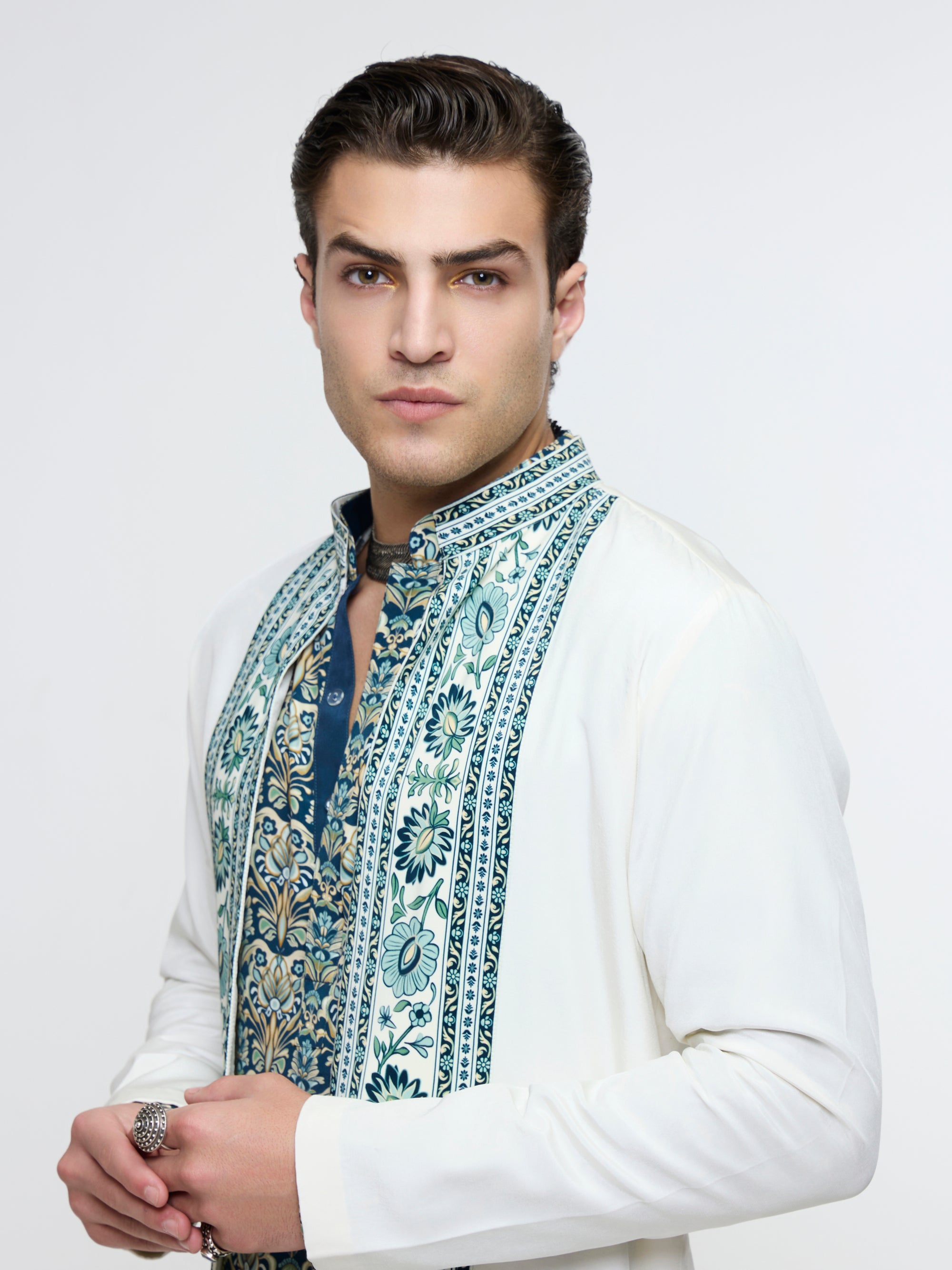 MIRZA OPEN JACKET PAIRED WITH ROLLED UP KURTA & PANTS