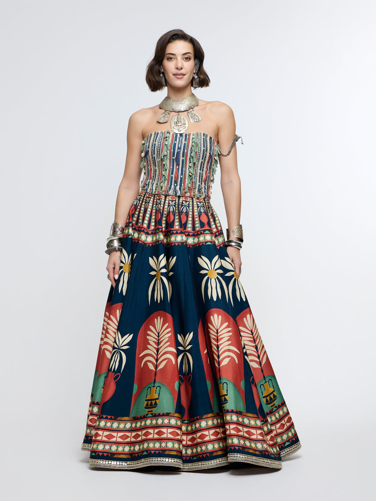 AMERA FRING CORSET PAIRED WITH POT PRINT LEHENGA