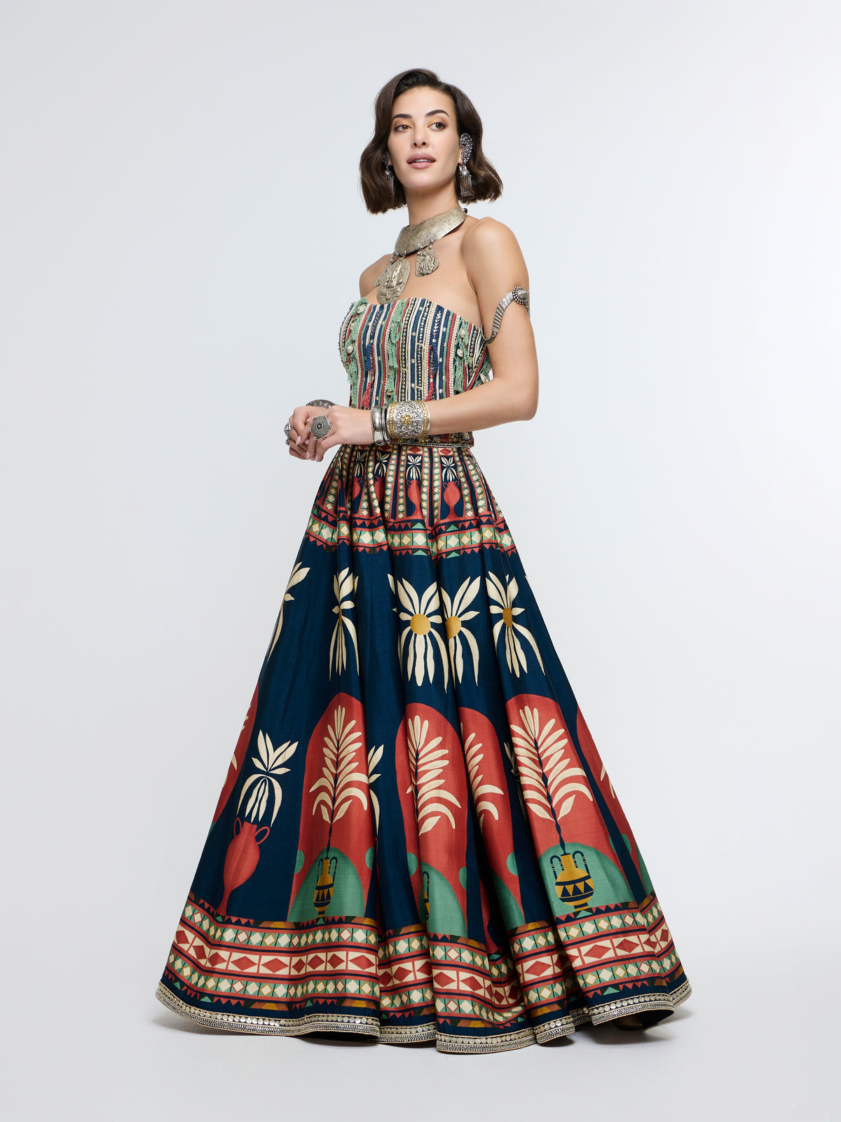 AMERA FRING CORSET PAIRED WITH POT PRINT LEHENGA