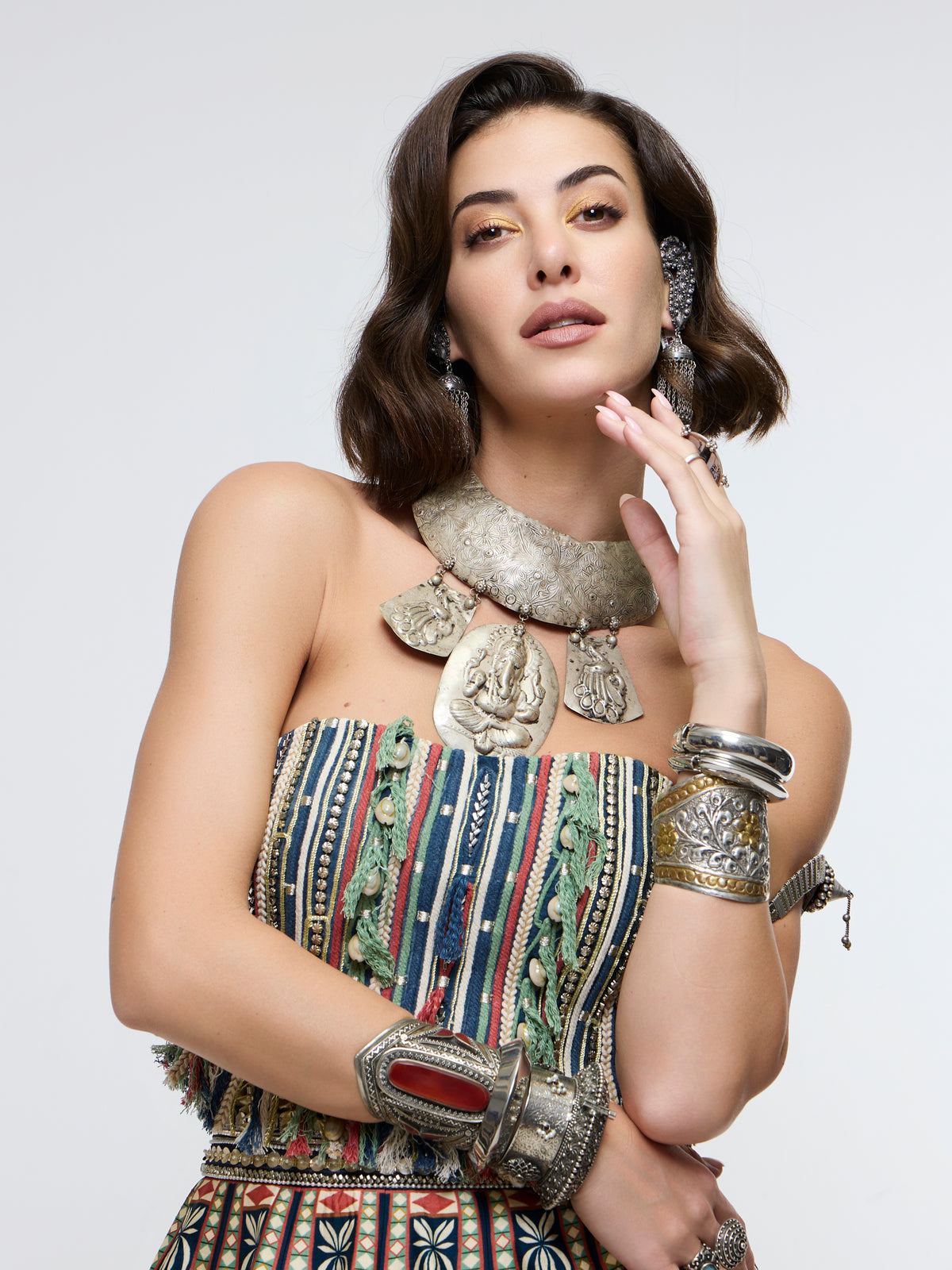 AMERA FRING CORSET PAIRED WITH POT PRINT LEHENGA