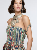 AMERA FRING CORSET PAIRED WITH POT PRINT LEHENGA