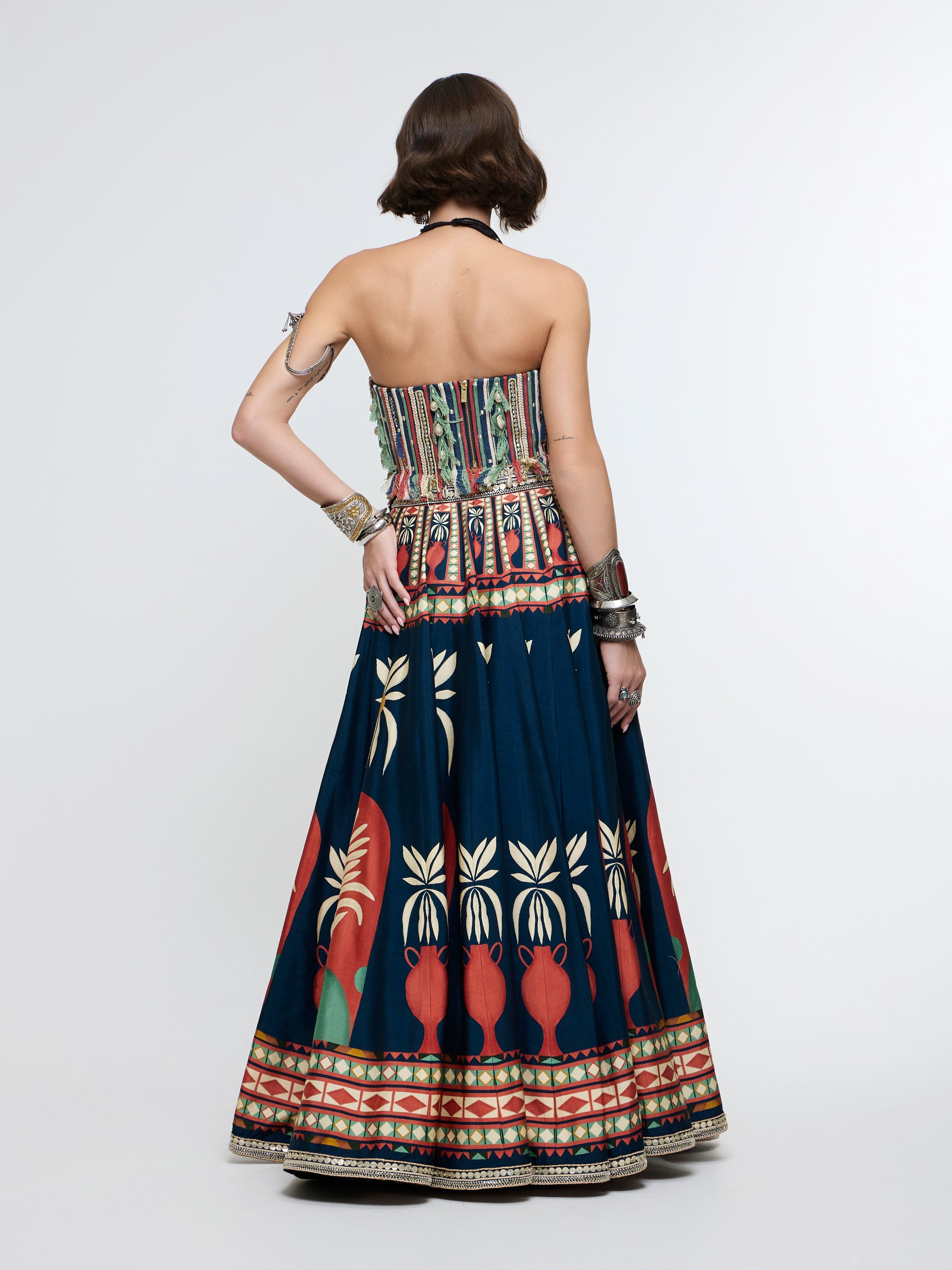 AMERA FRING CORSET PAIRED WITH POT PRINT LEHENGA