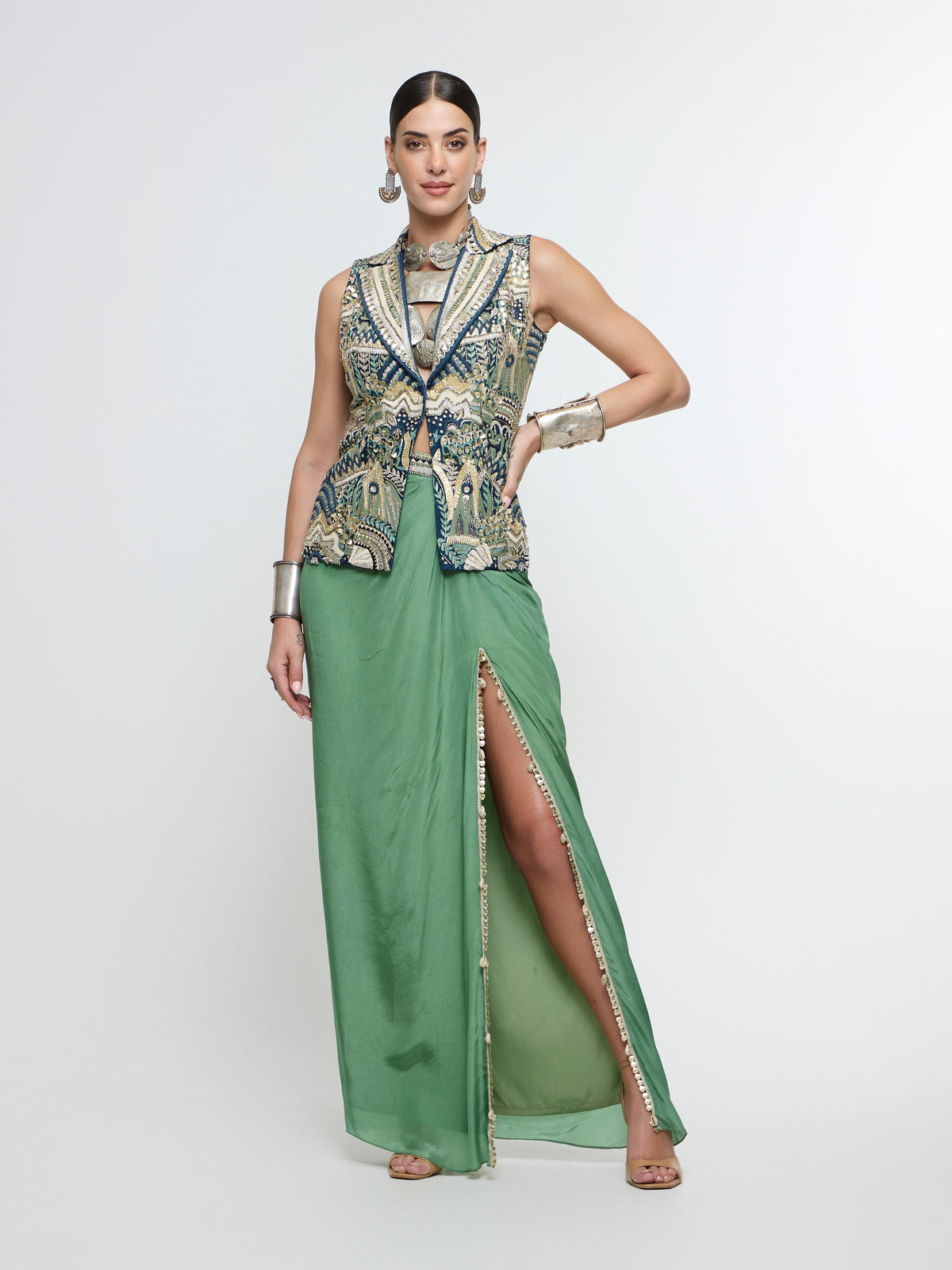 AMARA WAIST COAT PAIRED WITH HIGH SLIT SKIRT