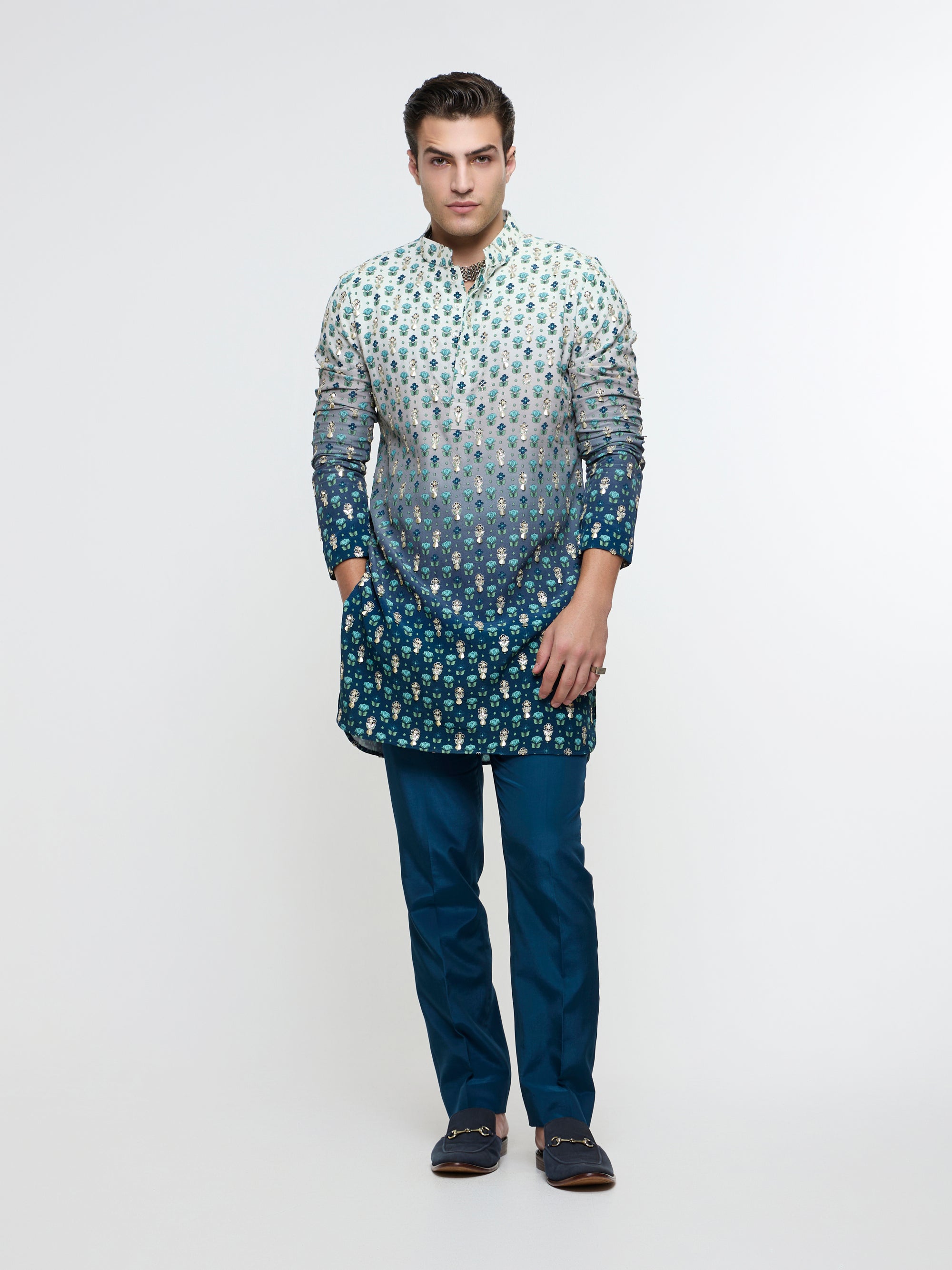 ARHAAN IVORY BLUE OMBRE BUTTI PRINTED BUNDI WITH BLUE KURTA AND PANT