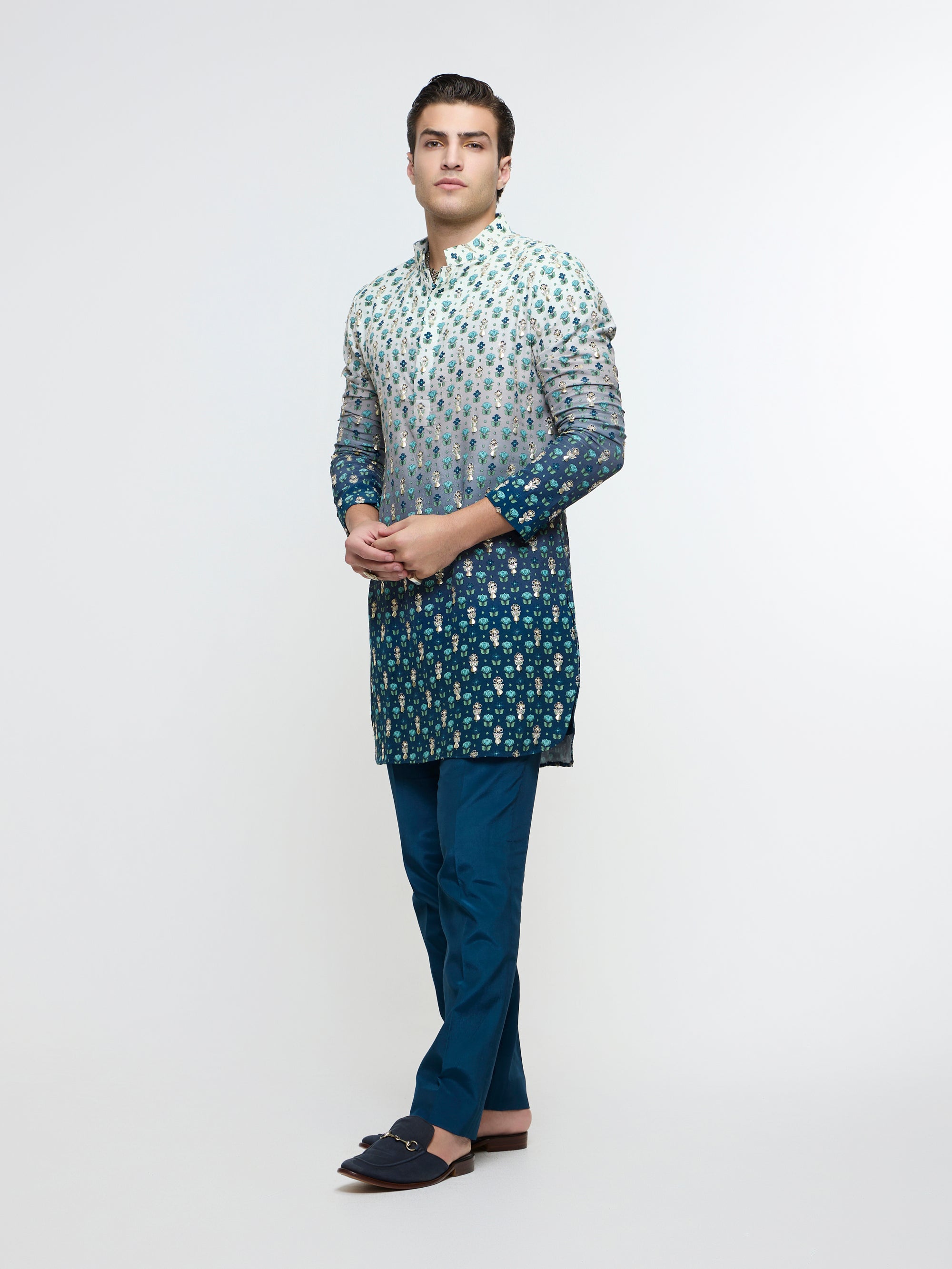 ARHAAN IVORY BLUE OMBRE BUTTI PRINTED BUNDI WITH BLUE KURTA AND PANT