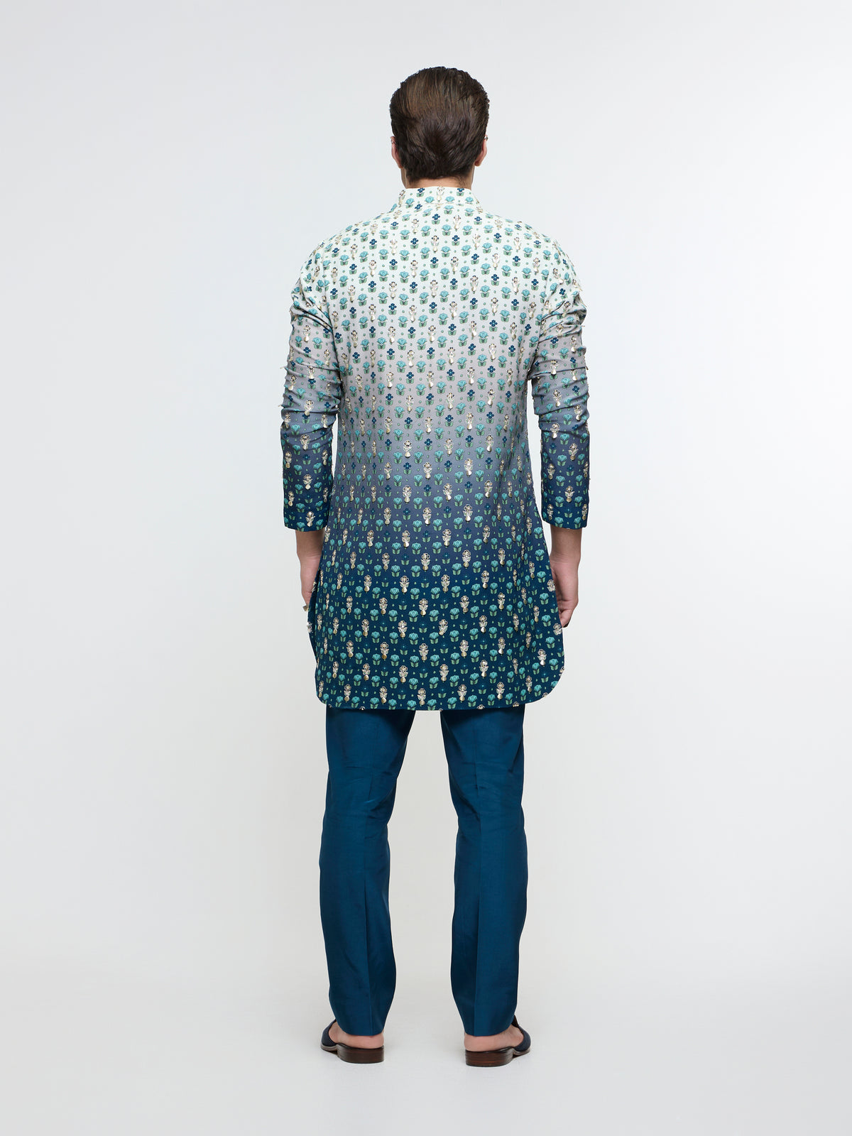 ARHAAN IVORY BLUE OMBRE BUTTI PRINTED BUNDI WITH BLUE KURTA AND PANT