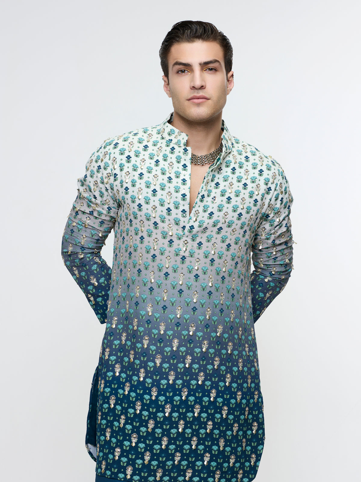 ARHAAN IVORY BLUE OMBRE BUTTI PRINTED BUNDI WITH BLUE KURTA AND PANT