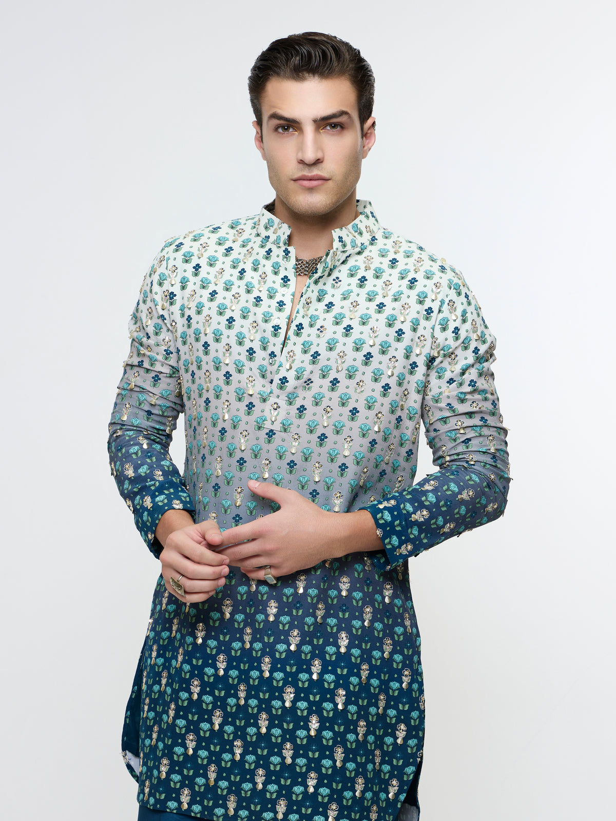ARHAAN IVORY BLUE OMBRE BUTTI PRINTED BUNDI WITH BLUE KURTA AND PANT