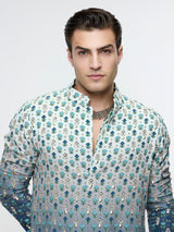 ARHAAN IVORY BLUE OMBRE BUTTI PRINTED BUNDI WITH BLUE KURTA AND PANT