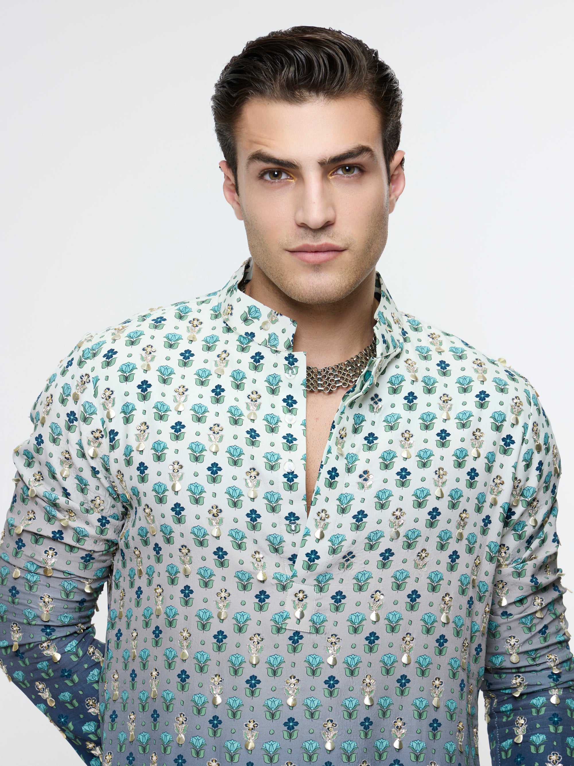 ARHAAN IVORY BLUE OMBRE BUTTI PRINTED BUNDI WITH BLUE KURTA AND PANT