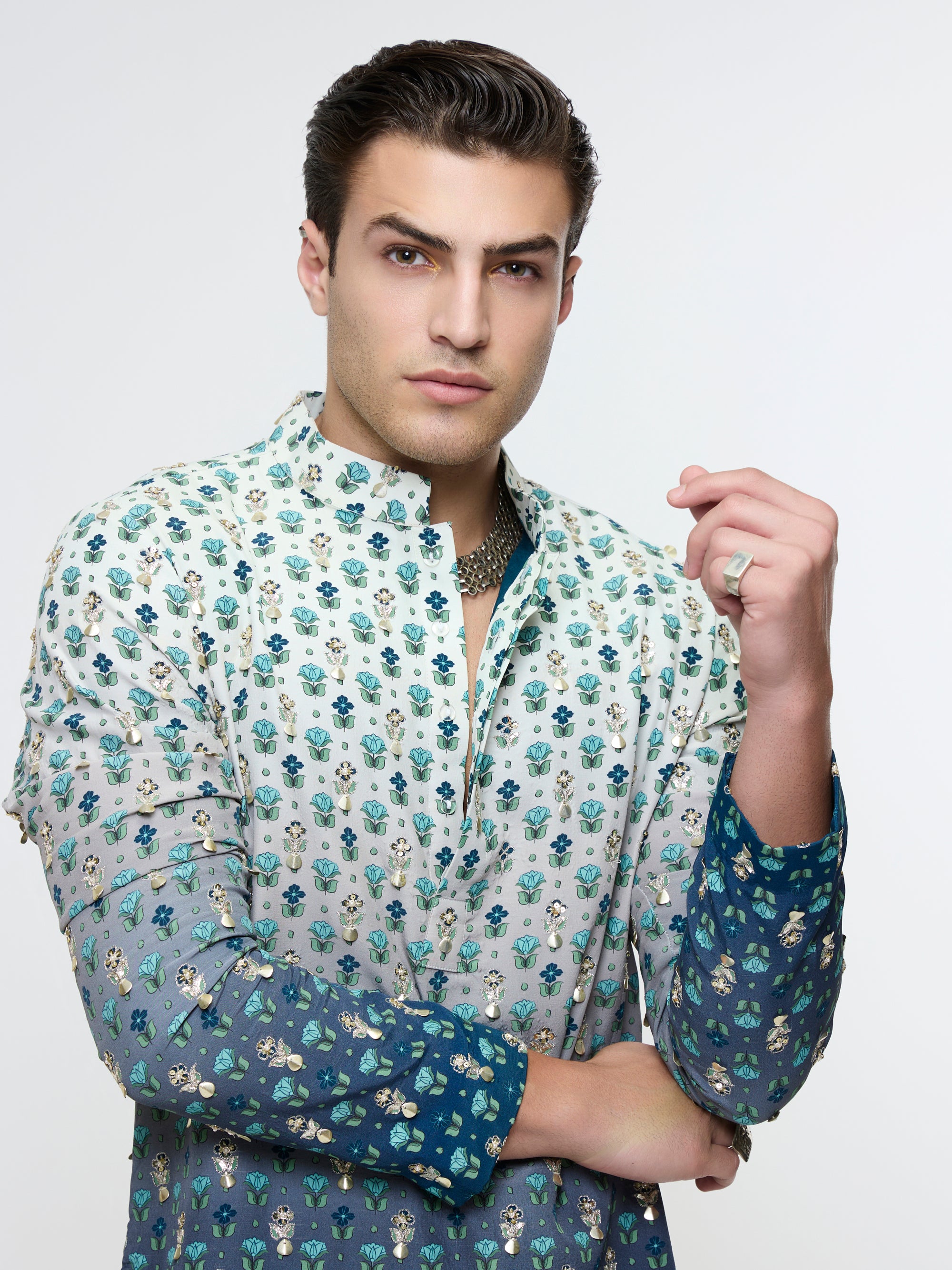 ARHAAN IVORY BLUE OMBRE BUTTI PRINTED BUNDI WITH BLUE KURTA AND PANT
