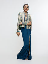 INAAYA EMBLLISHED & TEXTURED JACKET PAIRED WITH METALLIC BUSTIER AND SLIT SKIRT