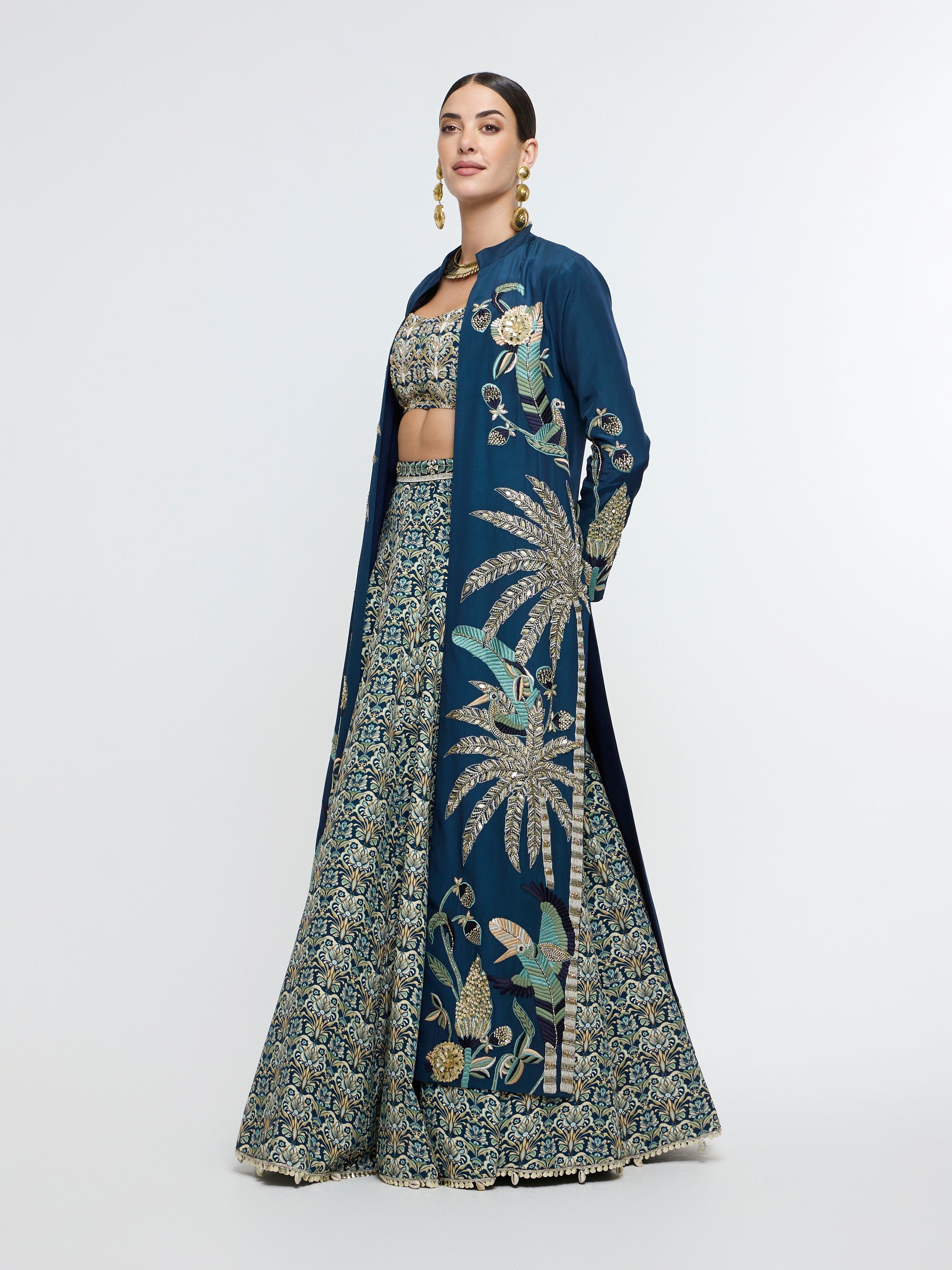 NEEL TROPICAL LONG JACKET WITH STUDDED BUSTIER AND LEHENGA