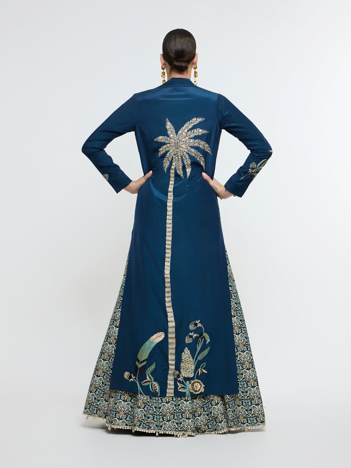 NEEL TROPICAL LONG JACKET WITH STUDDED BUSTIER AND LEHENGA