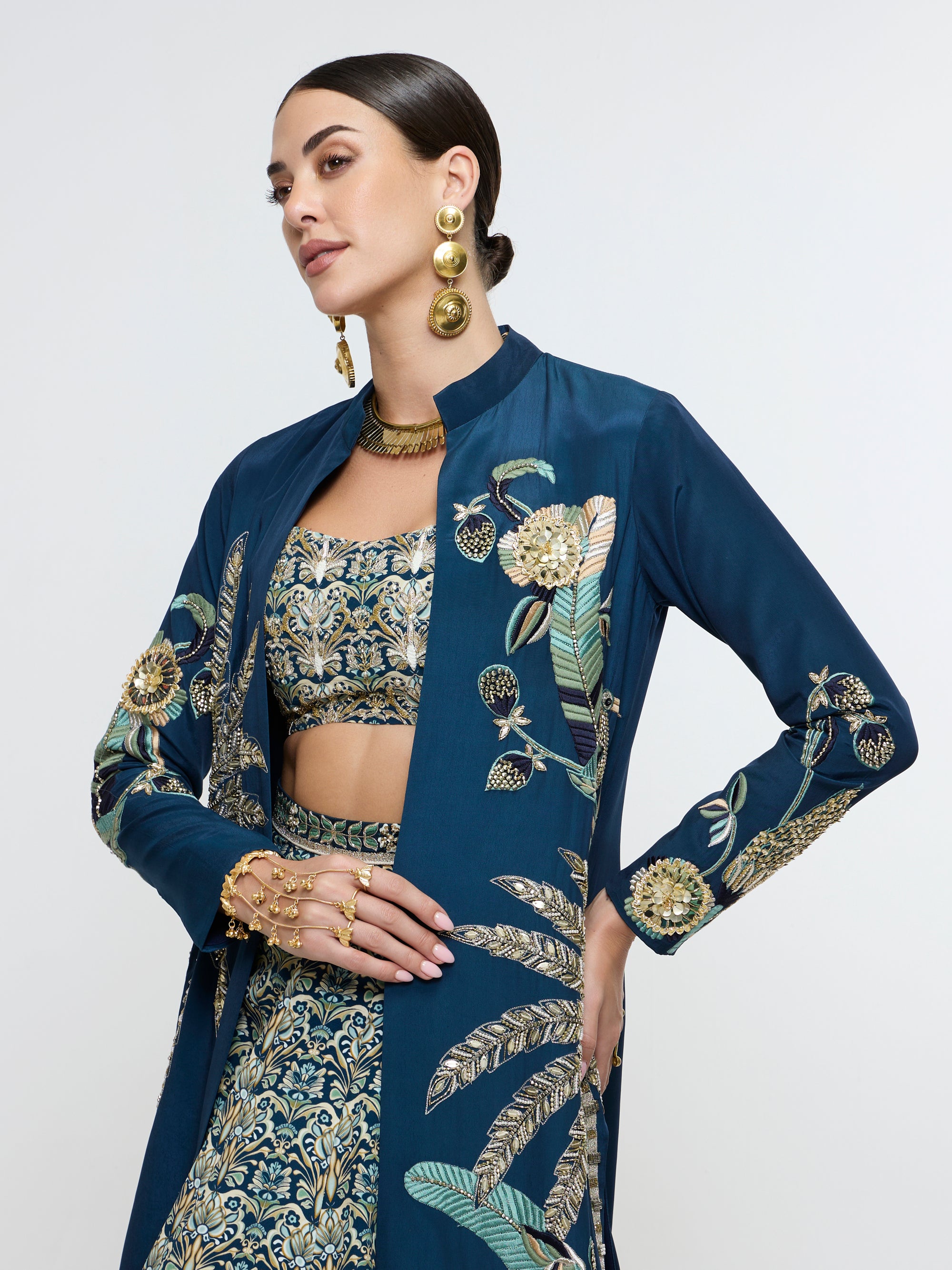 NEEL TROPICAL LONG JACKET WITH STUDDED BUSTIER AND LEHENGA