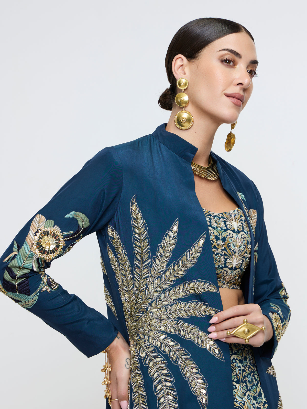 NEEL TROPICAL LONG JACKET WITH STUDDED BUSTIER AND LEHENGA
