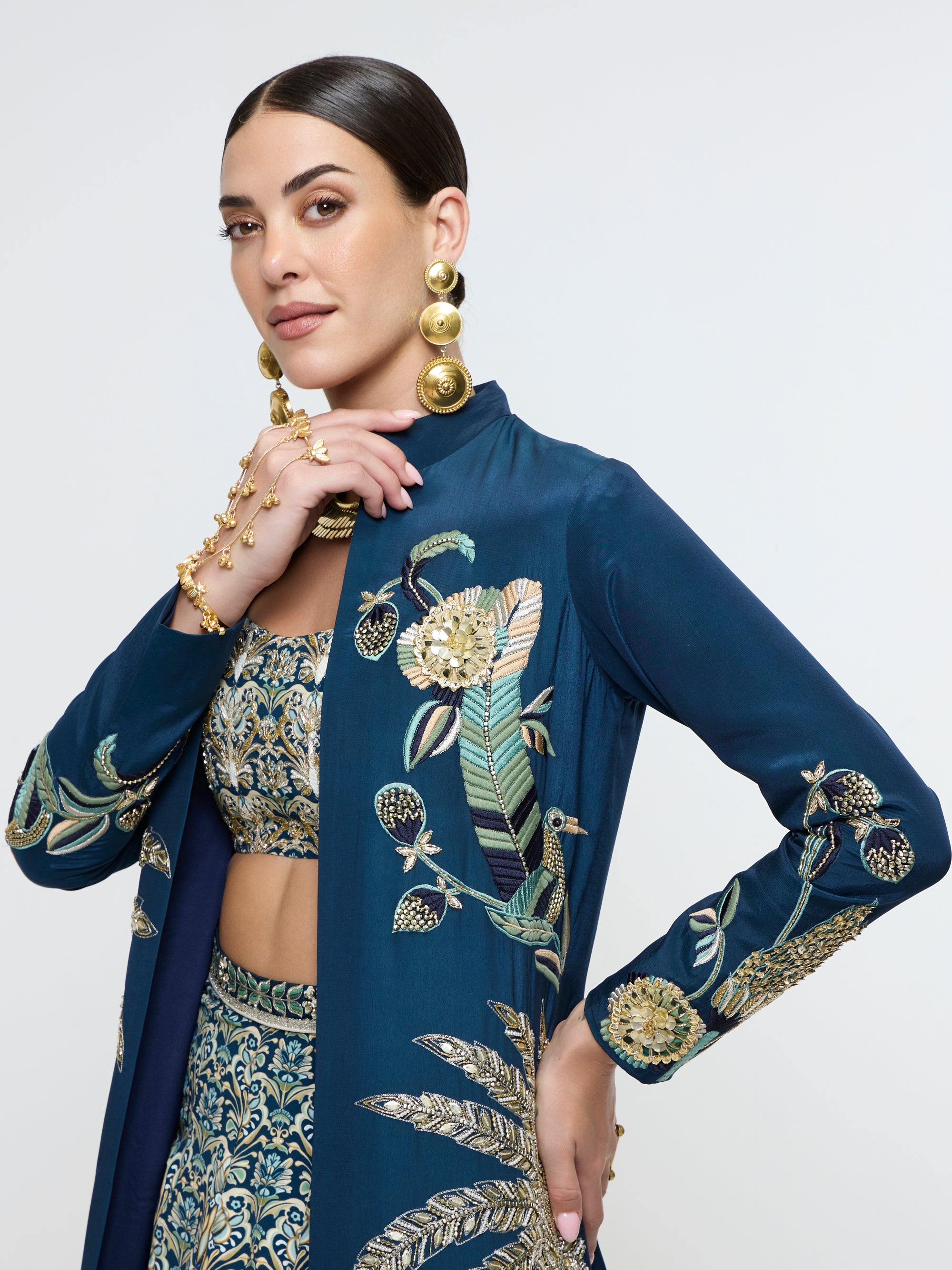 NEEL TROPICAL LONG JACKET WITH STUDDED BUSTIER AND LEHENGA