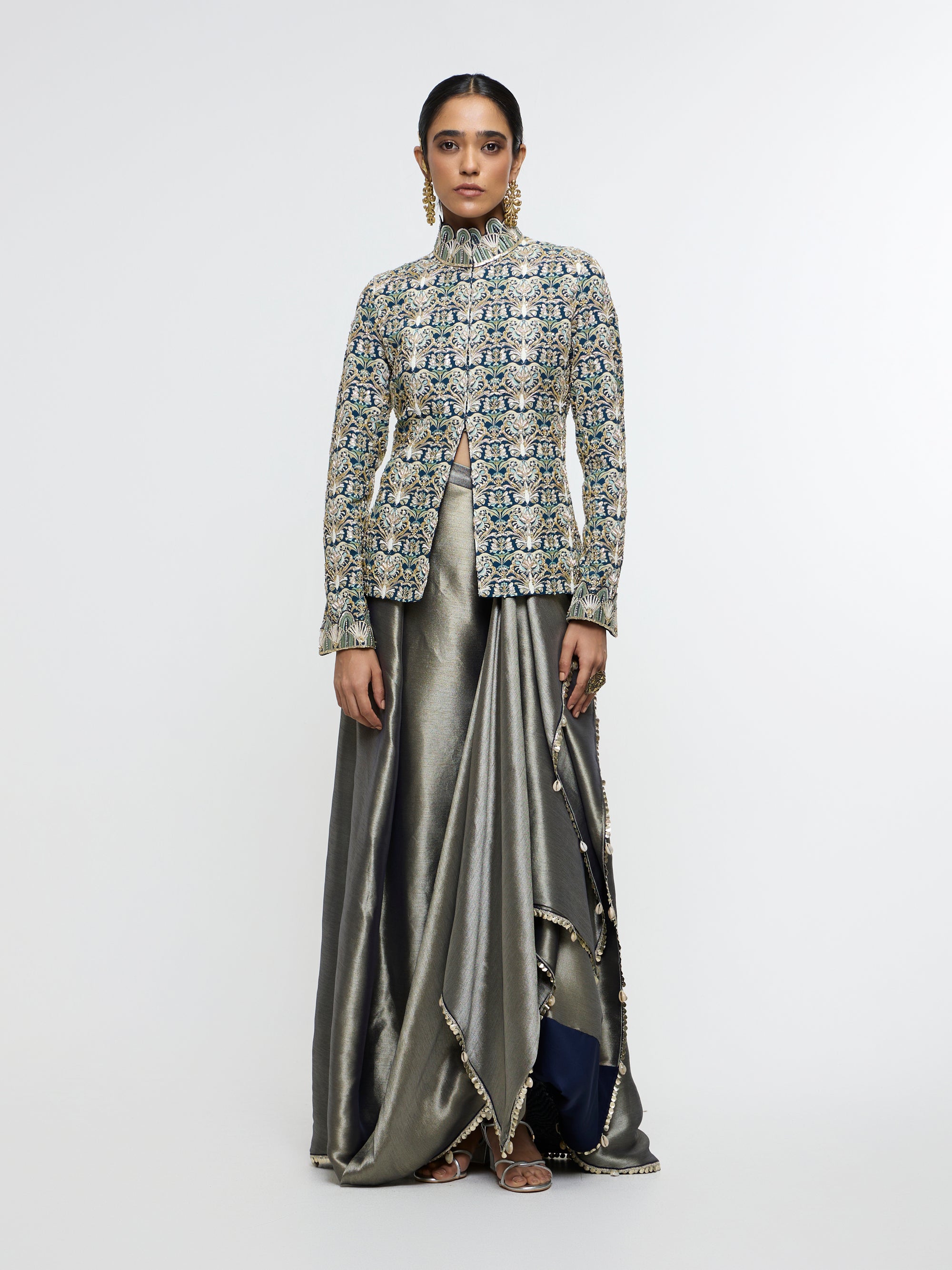 ZIANA DRAPE SKIRT PAIRED WITH EMBELLISHED JACKET