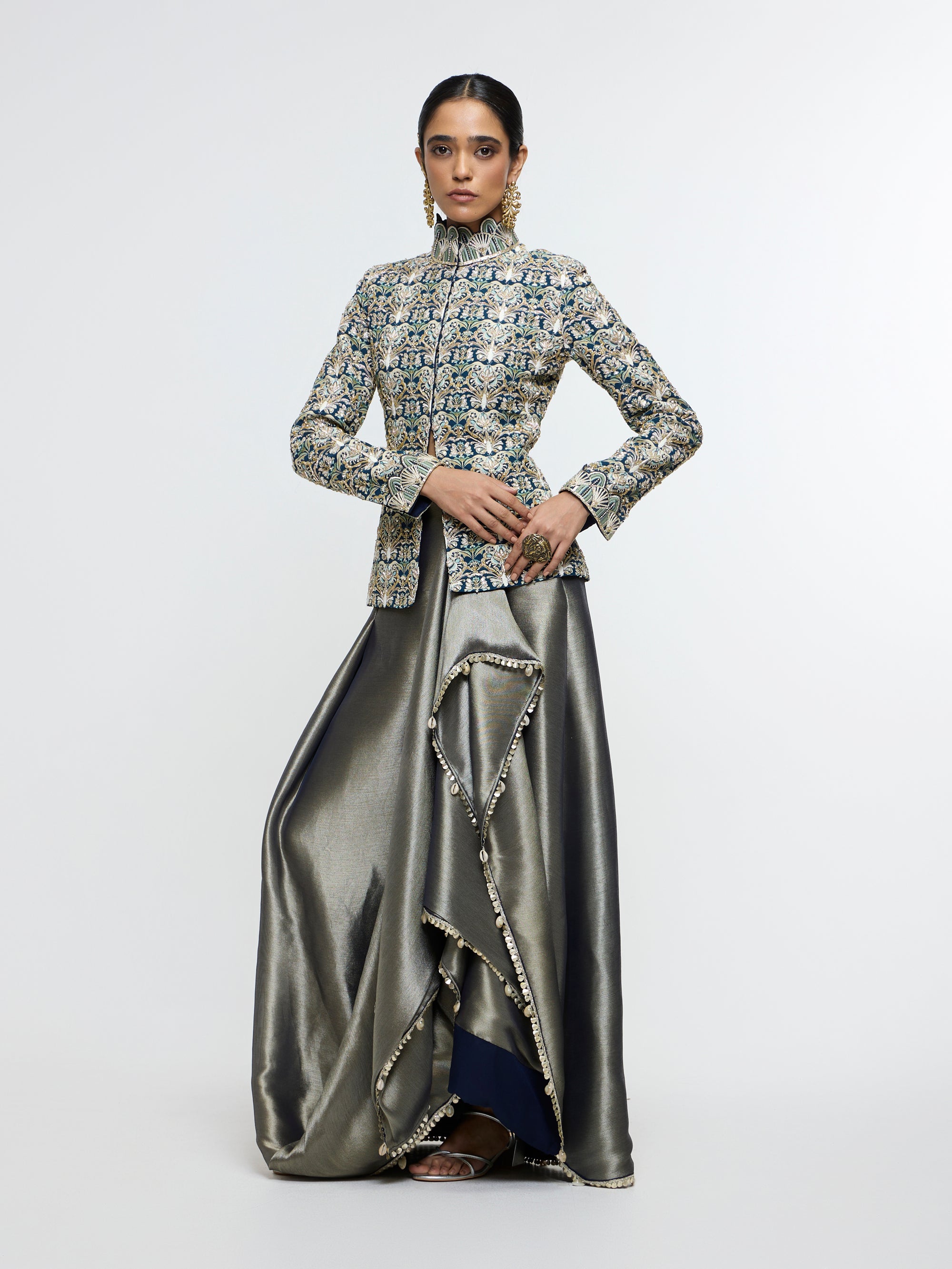 ZIANA DRAPE SKIRT PAIRED WITH EMBELLISHED JACKET