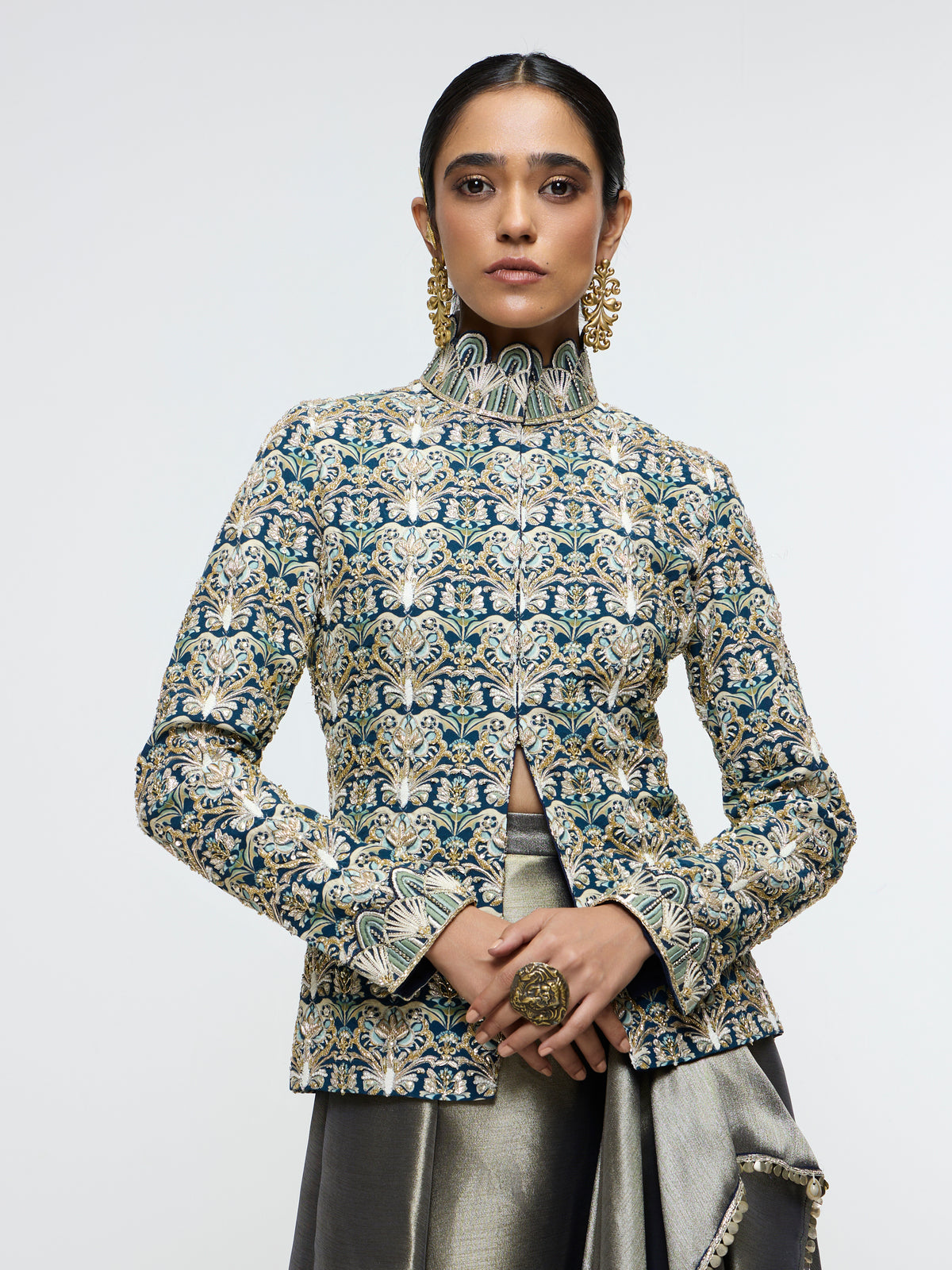 ZIANA DRAPE SKIRT PAIRED WITH EMBELLISHED JACKET