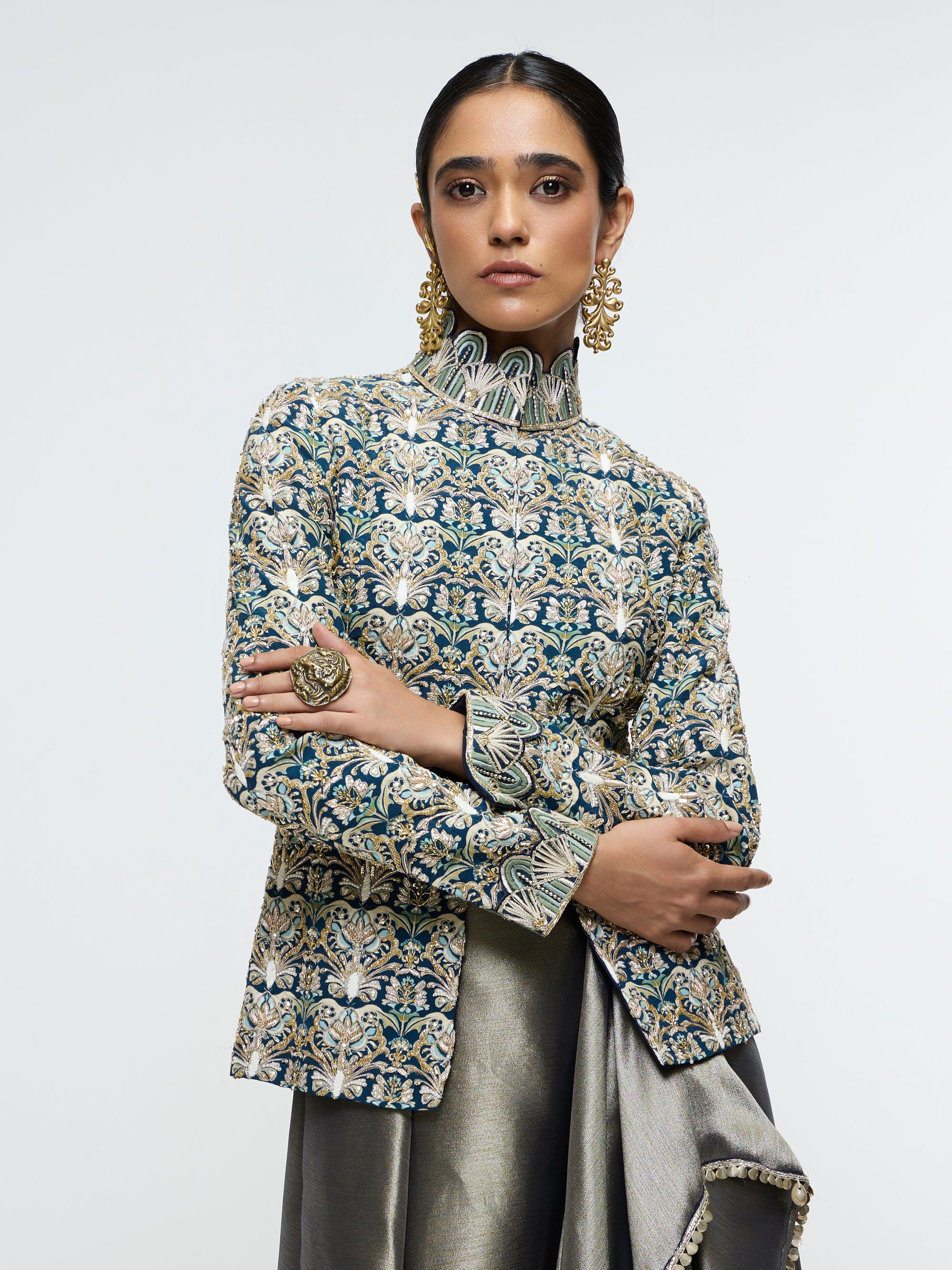 ZIANA DRAPE SKIRT PAIRED WITH EMBELLISHED JACKET