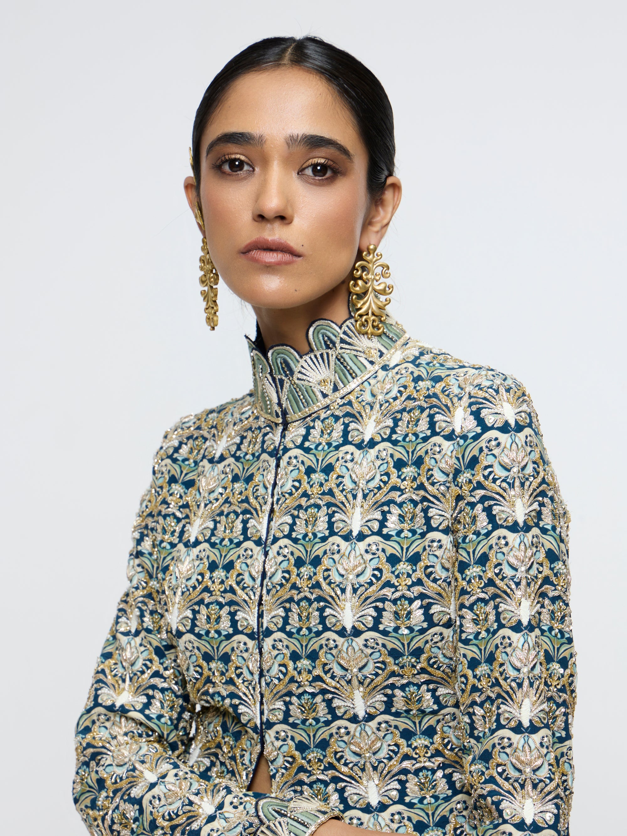 ZIANA DRAPE SKIRT PAIRED WITH EMBELLISHED JACKET