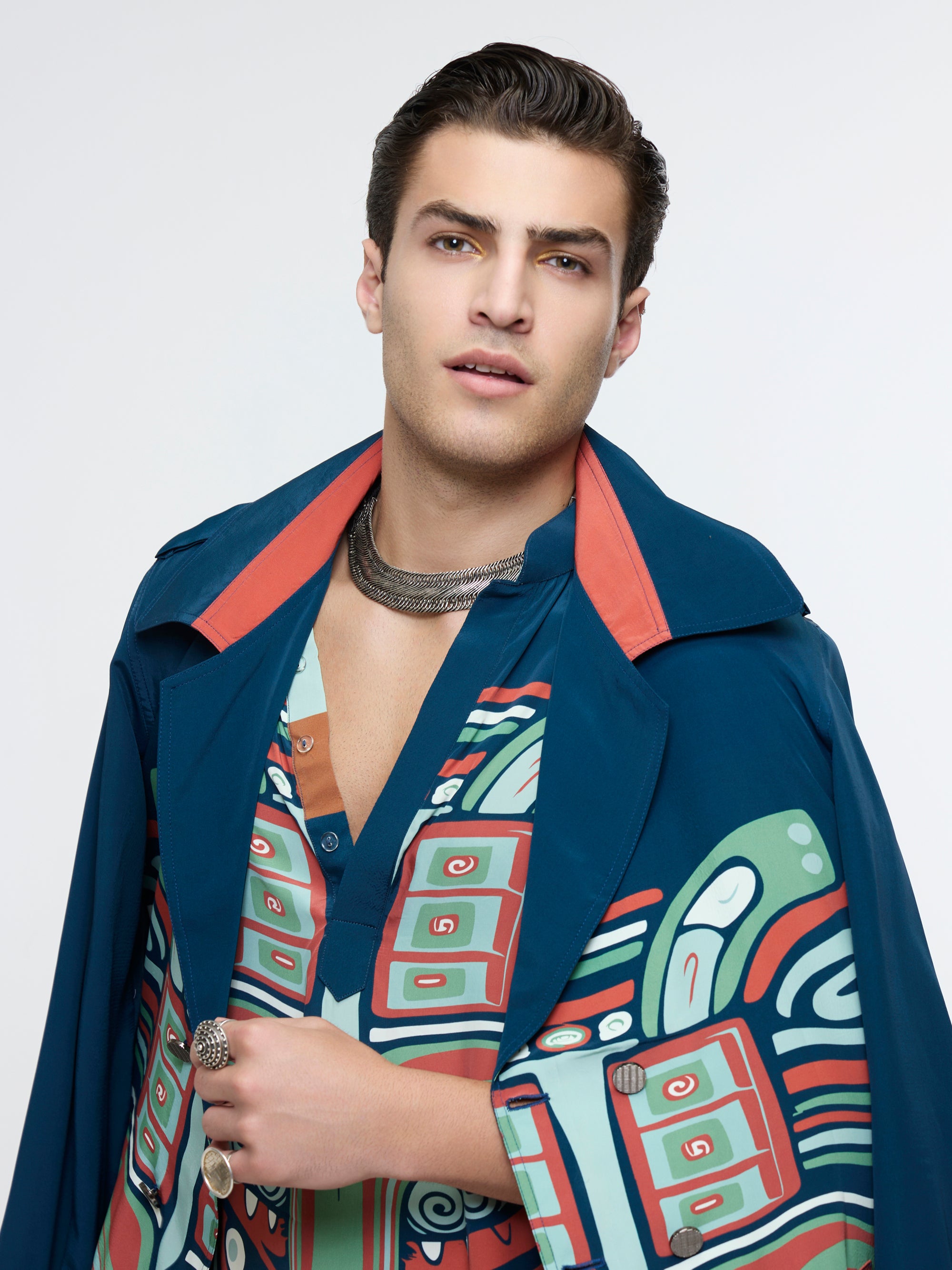 MIDNIHGHT BLUE MASK TRENCH COAT PAIRED WITH KURTA & PANT
