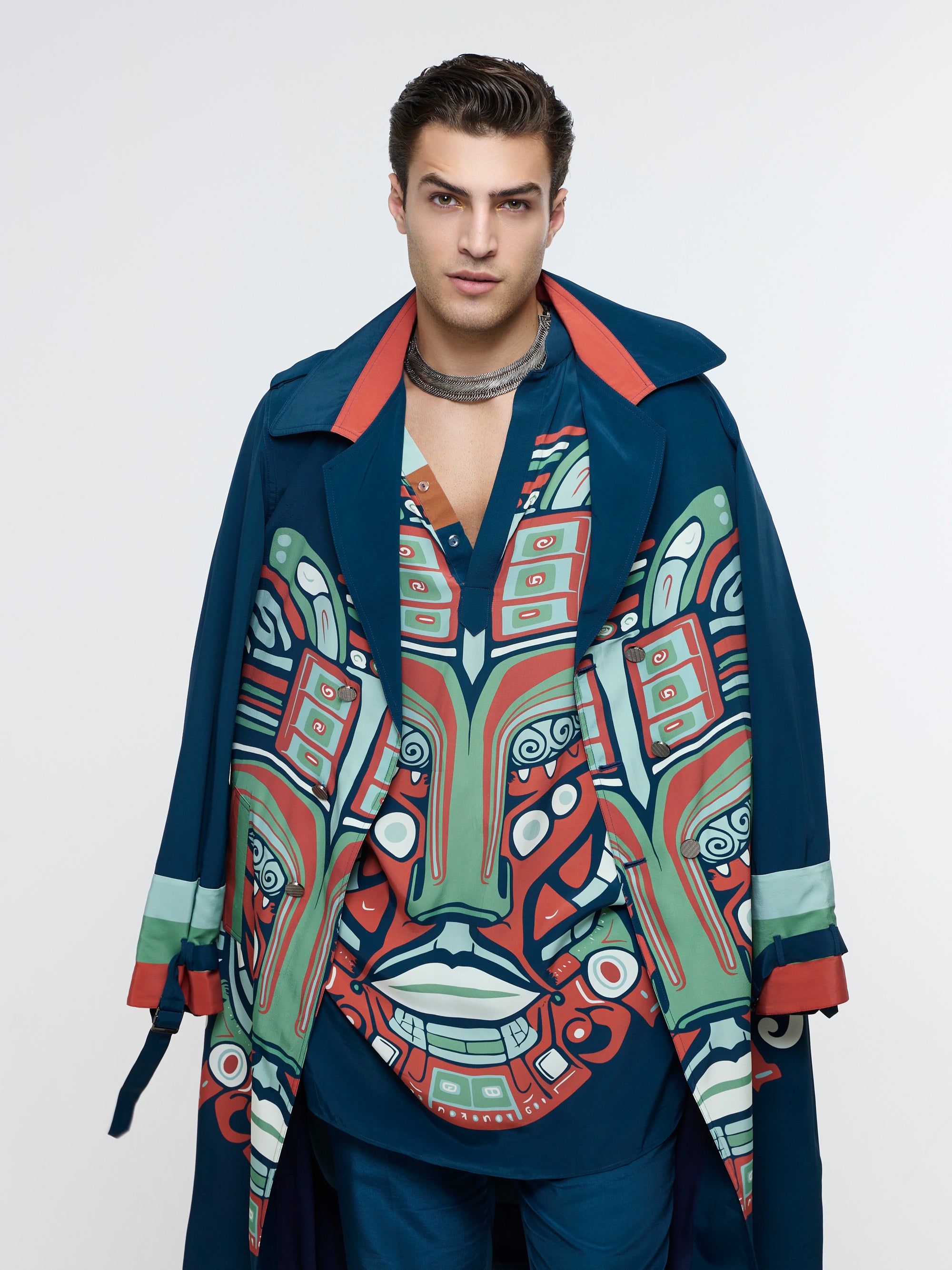 MIDNIHGHT BLUE MASK TRENCH COAT PAIRED WITH KURTA & PANT