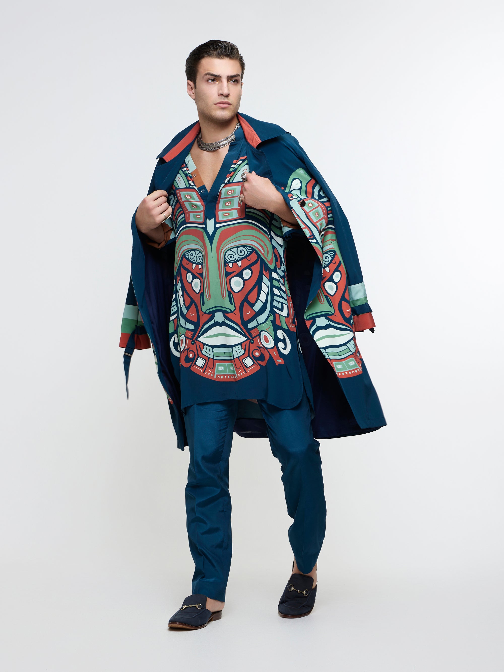 MIDNIHGHT BLUE MASK TRENCH COAT PAIRED WITH KURTA & PANT
